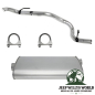 Preview: Endschalldämpfer und Endrohrbogen Kit (aluminisiert) inkl. Schellen. 2,25" (57,15 mm) für 2,5L 4 Zylinder oder 4,0L 6 Zylinder Motor. Jeep Cherokee XJ (1996-2000), voller Lieferumfang inkl. Schellen abgebildet.