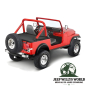 Preview: Duster Deck Cover Black Denim Jeep CJ7, Wrangler YJ (80-91), mounted on a red Jep without a Top.