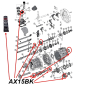 Preview: Lager & Simmerring Kit AX15 Schaltgetriebe Jeep Cherokee XJ / Wrangler YJ / TJ / Grand Cherokee ZJ (87-89), Explosionszeichnung die mit roten Pfeilen alle Set-Teile am Schaltgetriebe zeigt.