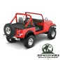 Preview: Duster Deck Cover Heckabdeckung Black Crush Supertop Jeep CJ7, Wrangler YJ (80-91), montiert auf einem roten Jeep ohne Top.