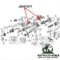 Preview: Lagerschale Ausgagswelle Dana 18, 20 Verteilergetriebe Jeep SJ J Serie, CJ, Willys (41-79), Technische Zeichnung mit roten Pfeilen zur Position der Lagerschalen am Verteilergetriebe.