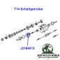 Preview: Lager Eingang T14 Hauptwelle hinten T86 Schaltgetriebe Jeep CJ / SJ / Willys (66-75), Explosionszeichnung vom Schaltgetriebe die mit blauem Pfeil die Position des Lagers zeigt..