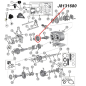 Preview: Zahnrad Dana 300 Verteilergetriebe Ausgang vorne Jeep CJ 80-86, Explosivzeichnung mit rotem Pfeil ur Position des Ritzels am Verteilergetriebe.