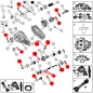 Preview: Master Rebuild Repair Kit for NP231 Transfer Case including all needed Parts (Oil Seals, Bearings, RTV, Shift Fork Inserts and Oil Filter). Jeep Cherokee XJ / Wrangler YJ / TJ (1987-2006), exploded drawing highlighting all Set Items with red.