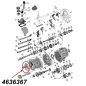 Preview: Lagerhalter, Gehäusedeckel vorne am AX15 Schaltgetriebe. Jeep Cherokee XJ / Wrangler YJ  Grand Cherokee ZJ / ZG (1992-1993), Explosionszeichnung, die mit rotem Pfeil die Position des Halters am Schaltgetriebezeigt.
