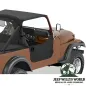 Preview: Halbtüren Verdeckmaterial Bestop Black Denim (Kunstleder, strukturiert) mit Türgriffen Jeep CJ7 (76-80). montiert mit passendem Bikini Top, Windjammer und Duster heckabdeckung, Nahaufnaufnahme.