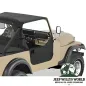 Preview: Halbtüren Verdeckmaterial Bestop Black Crush (Kunstleder, strukturiert) mit Türgriffen Jeep CJ7, Wrangler YJ (80-95). montiert mit passendem Bikini Top, Duster Heckabdeckung und Windjammer, Nahaufnaufnahme.