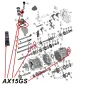 Preview: Dichtsatz AX15 Schaltgetriebe Jeep Cherokee XJ / Wrangler YJ / TJ / Grand Cherokee ZJ (87-89), Explosionszeichnung die mit roten Pfeilen alle Set-Teile am Schaltgetriebe zeigt.