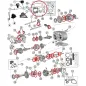 Preview: Dichtsatz Überholsatz Master Kit Dana 300 Verteilergetriebe Jeep CJ 80-86, Explosionszeichnung die in Rot alle Teile an Ihrer Position am Verteilergetriebe hervorhebt.
