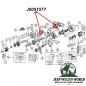 Preview: Lagerschale Ausgagswelle Dana 18, 20 Verteilergetriebe Jeep SJ J Serie, CJ, Willys (41-79), Technische Zeichnung mit roten Pfeilen zur Position der Lagerschalen am Verteilergetriebe.