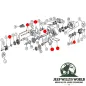 Preview: Dichtsatz Überholsatz Master Kit Dana 20 Verteilergetriebe Jeep CJ 72-79, Explosivzeichnung mit roten Highlights an den Setbestandteilen.