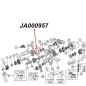 Preview: Gehäusedichtung Dana 18, 20 Verteilergetriebe Ausgang vorne Jeep CJ Willys 41-79, Explosionszeichnung, die mithilfe eines roten Pfeils die Position der Dichtung zeigt.