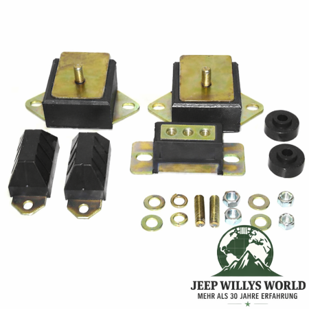 Motorgummi, Getriebegummi & Achsanschlag Set Polyurethan P(U) für den 4,2L 6-Zylinder Motor, schwrz. Jeep CJ5 / CJ7 / CJ8 (1978-1986).