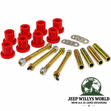 Prothane Polyurethan Blattfederbuchsen Set Federgehänge vorne oder hinten abschmierbar in rot. Jeep Wrangler YJ (1987-1995)