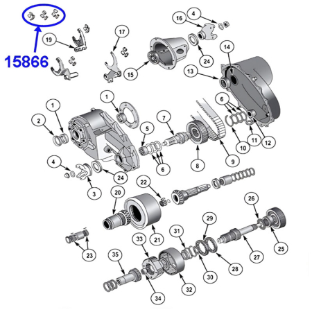 Schaltführungs Set für Schalthabel am NP228, NP229, NP231 und NP242 Verteilergetriebe. Jeep SJ / J Serie / Cherokee XJ / Wrangler YJ / TJ / Grand Cherokee ZJ / ZG / WJ / WG (1982-2007), Explosionszeicnung die die Führungen am Getriebe zeigt.