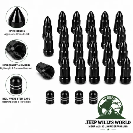OMIX-Ada Radmuttern Bullet Style Set 23-teilig inkl. Ventilkappen Schwarz 1/2" Jeep (1964-2018)