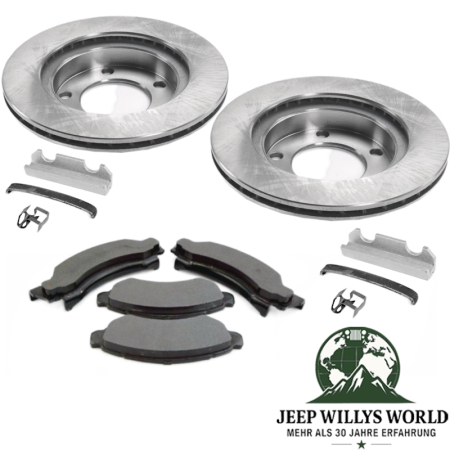 Scheibenbremsen Set vorne Jeep CJ5 CJ7 77-78, Bremsscheiben, Bremsklötze und Befestigungsclips abgebildet.