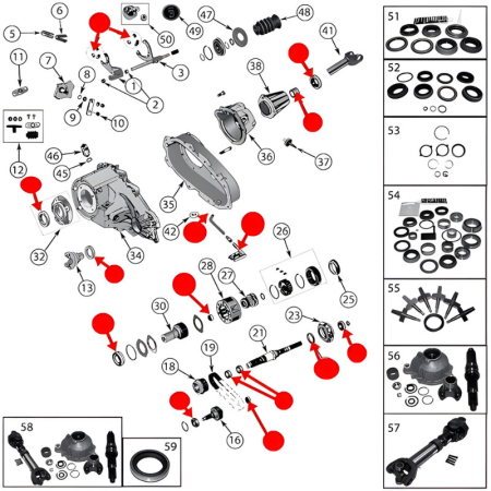 Master Reparatur Kit für NP231 Verteilergetriebe inkl. Lager, Dichtungen, Simmerringe, Schaltführungen für Schaltgabeln, RTV Dichtmasse und Filter. Jeep Cherokee XJ / Wrangler YJ / TJ (1987-2006), Explosionszeichnung die alle Setbestandteile rot hervorheb