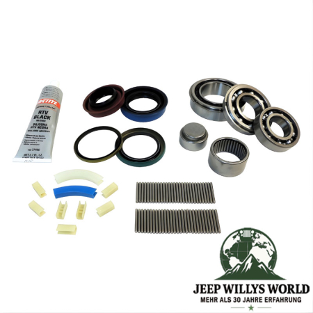 kompletter Überholsatz inkl. Lager, Simmerringe, Dichtungen, Nadeln und Schaltführung für NP242 Verteilergetriebe. Jeep Cherokee XJ / Grand Cherokee ZJ / ZG (1987-1993), vollständiger Lieferumfang abgebildet.
