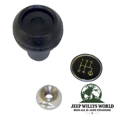 Shift Knob Kit T5 Transmission Jeep CJ / SJ / Cherokee XJ (82-86), full scope of delivery pictured (Shift Knob, Shift Pattern Insert, Nut).