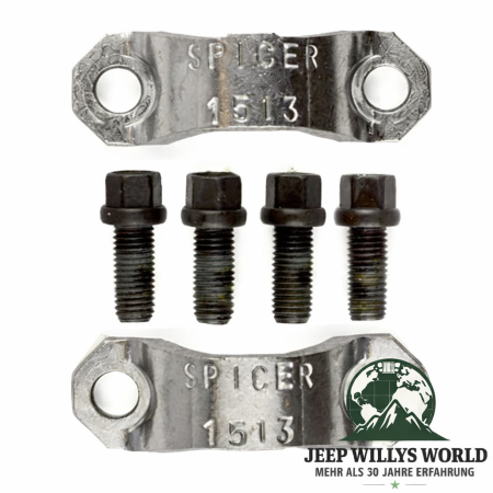 Kardan Bügel Kit Kreuzgelenk Kardanwelle vorne oder hinten Jeep CJ Wrangler Grand Cherokee Commanche 74-06, 2 Bügel und 4 Sechskantschrauben von oben abgebildet.