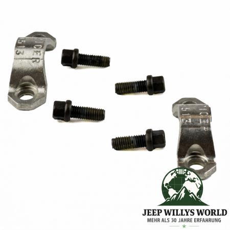 Kardan Bügel Kit Kreuzgelenk Kardanwelle vorne oder hinten Jeep CJ Wrangler Grand Cherokee Commanche 74-06, 2 Bügel und 4 Sechskantschrauben von der Seite abebildet.