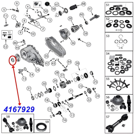 Simmerring für die Eingangswelle am NP231, NP242 und NP249 Verteilergetriebe. Jeep Cherokee XJ / Wrangler YJ / TJ / Grand Cherokee ZJ / ZG / WJ / WG / Comanche MJ / Liberty KJ (1991-2002), Explosionszeichnung die die Position des Simmerrings am Getriebe z