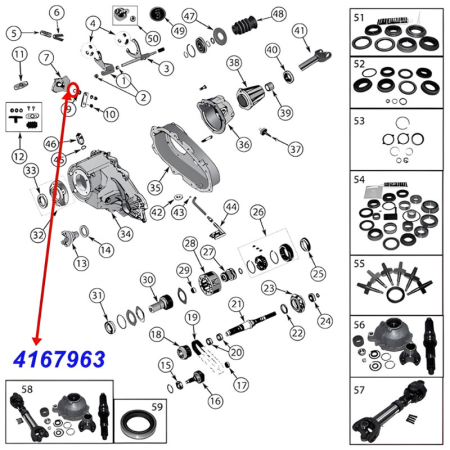 O-Ring für den Schalthebel, Schaltstock am NP231, NP242, NP249 und NV247 Verteilergetriebe. Jeep Cherokee XJ / Wrangler YJ / TJ / Grand Cherokee ZJ / ZG / WJ / WG / Comanche MJ (1987-2006), Explosionszeichnung die den O-Ring am Getriebe zeigt.