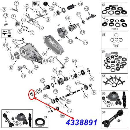 Lager Eingangswelle vorne für das NP231, NP242. NP249 oder NV147 Verteilergetriebe. Jeep Cherokee XJ / Wrangler YJ / Grand Cherokee ZJ / ZG / WJ / WG / Comanche MJ (1987-1996), Explosionszeichnung die die Position des Lagers am Getriebe zeigt.