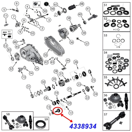 Vordere Ausgangswelle vom NP231 Verteilergetriebe. Jeep Cherokee XJ / Wrangler YJ / TJ / Comanche MJ (1987-2002), Explosionszeichnung, die die Position des Welle am Getriebe zeigt.