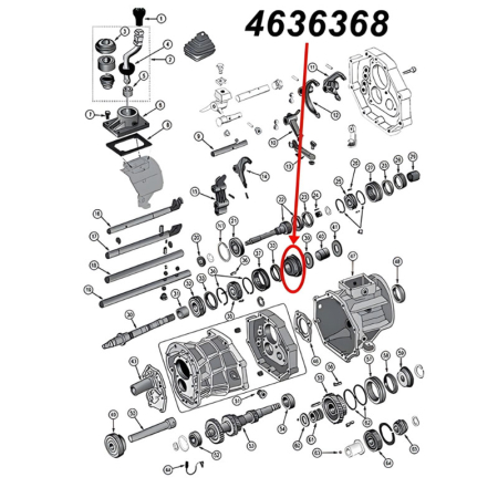 Zahnrad mit 31 Zähnen für den ersten (1.) Gang am AX15 Schaltgetriebe. Jeep Cherokee XJ / Wrangler YJ / TJ / Grand Cherokee ZJ / Comanche MJ (1987-1999), Explosionszeichnung, die mit rotem Pfeil die Position des Zahnrads am Schaltgetriebezeigt.