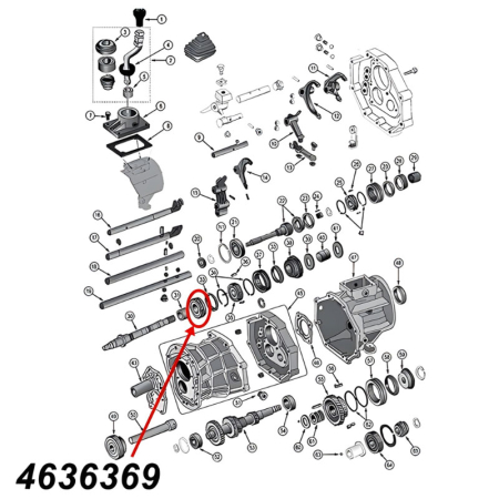 Zahnrad für den zweiten (2.) Gang am AX15 Schaltgetriebe. Jeep Cherokee XJ / Wrangler YJ / TJ / Grand Cherokee ZJ / Comanche MJ (1987-1999), Explosionszeichnung, die mit rotem Pfeil die Position des Zahnrads am Schaltgetriebezeigt.