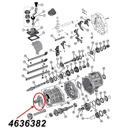 Lagerhalter, Gehäusedeckel vorne am AX15 Schaltgetriebe. Jeep Cherokee XJ / Wrangler YJ / TJ / Grand Cherokee ZJ / ZG (1994-1999), Explosionszeichnung, die mit rotem Pfeil die Position des Halters am Schaltgetriebezeigt.