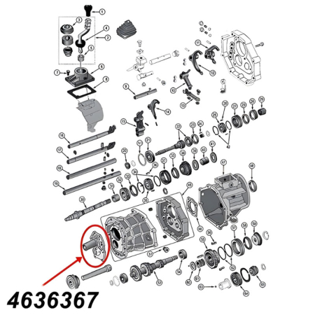 Lagerhalter, Gehäusedeckel vorne am AX15 Schaltgetriebe. Jeep Cherokee XJ / Wrangler YJ  Grand Cherokee ZJ / ZG (1992-1993), Explosionszeichnung, die mit rotem Pfeil die Position des Halters am Schaltgetriebezeigt.