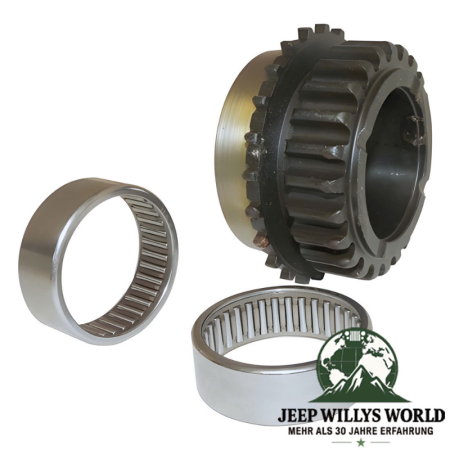 Drive Sprocket including two (2) Needle Roller Bearings for NP231 Transfer Case. Jeep Cherokee XJ / Wrangler YJ / Comanche MJ (1987-1996), full scope of delivery pictured.