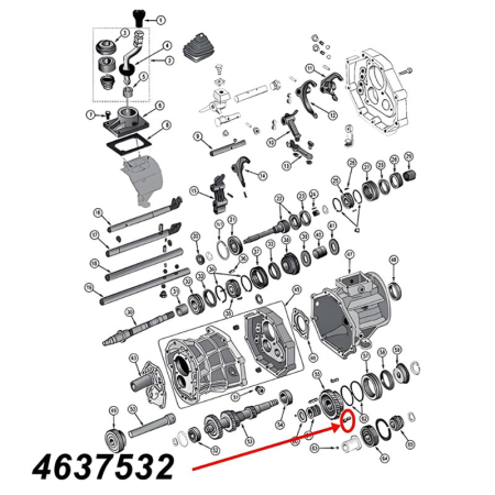 Synchronizer Key 5th Gear AX15 Transmission Jeep Cherokee XJ / Wrangler YJ / TJ / Grand Cherokee ZJ (92-99), exploded drawing highlighting the location of Key on Transmission with red arrows.