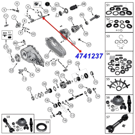 Mode Shift Fork and 9.375" (238,13 mm) Shaft for NP231 Transfer Case. Jeep Cherokee XJ / Wrangler YJ / TJ / Comanche MJ / Liberty KJ (1991-2007), exploded drawing showing the position of fork on Transfer Case.