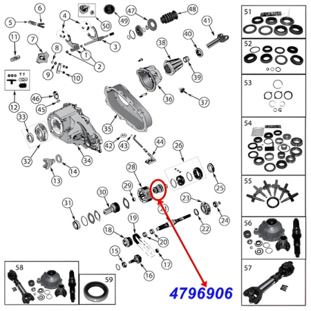 Zahnrad für das Planetengetriebe am NP231 Verteilergetriebe. Jeep Cherokee XJ / Wrangler YJ / Grand Cherokee ZJ / ZG / Comanche MJ (1991-2001), Explosionszeichnung, die die Position des Zahnrads am Getriebe zeigt.