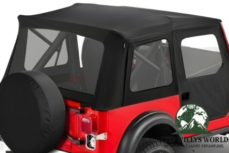 Supertop Verdeck inkl. teilbare Türen Black Denim Jeep CJ7 Wrangler YJ (80-95), montiert, Nahansicht.