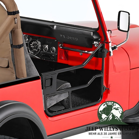 Element Doors Halbtüren HighRock 4x4 Matt Schwarz Bestop, pulverbeschichtet Jeep CJ7 (76-80). montiert Nahansicht.