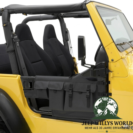 Storage Bags Vinyl Black Denim for Bestop High Rock 4x4 Element Doors Jeep CJ7, CJ8, Wrangler YJ, TJ (76-06). Close-up, mounted on Element Door, open door.