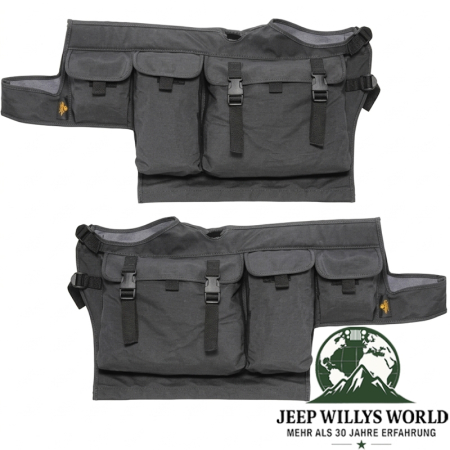 Storage Bags Vinyl Black Denim for Bestop High Rock 4x4 Element Doors Jeep CJ7, CJ8, Wrangler YJ, TJ (76-06). Close-up, mounted on closed Element Door.