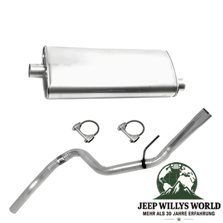 Exhaust Muffler and Tailpipe Set MSL Maximum (aluminized) with 2.25" (57,15 mm) for 4.0L and 5.2L gasoline engine. Jeep Grand Cherokee ZJ / ZG (1992-1995), full scope of delivery incl. Clamps pictured.