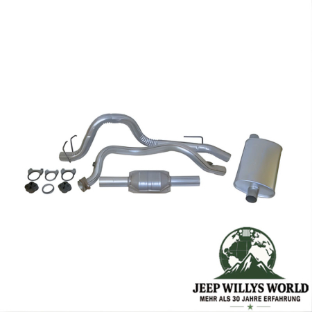 Full Exhaust Kit including Front Pipe, Catalytic Converter, Muffler, Tailpipe, Clamps and Insulators. Jeep Wrangler YJ (1993-1995).