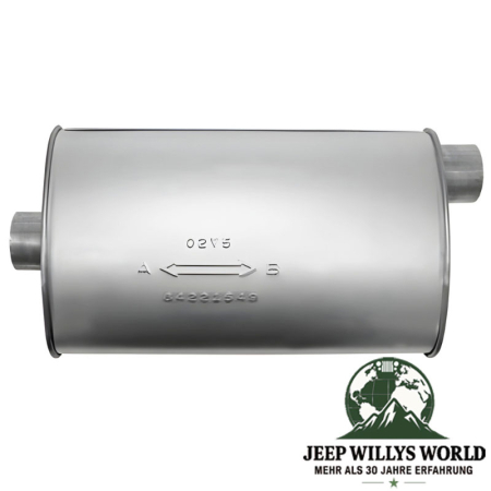 Endtopf Endschalldämpfer 2,25" 2,5L und 4,0L Motor Jeep Wrangler YJ (1987-1995), von oben Eingang links.