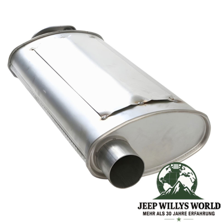 Exhaust aluminized steel Muffler with 2,25" Tube for 2.4L, 2.5L and 4.0L engine. Jeep Wrangler TJ (24.01.2000-2006), outlet pictured.