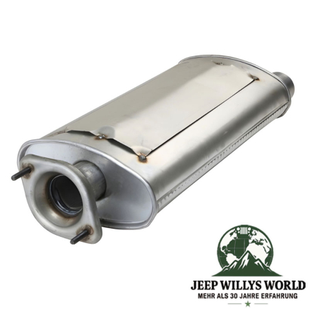 Exhaust aluminized steel Muffler with 2,25" Tube for 2.4L, 2.5L and 4.0L engine. Jeep Wrangler TJ (24.01.2000-2006), flanged side pictured.