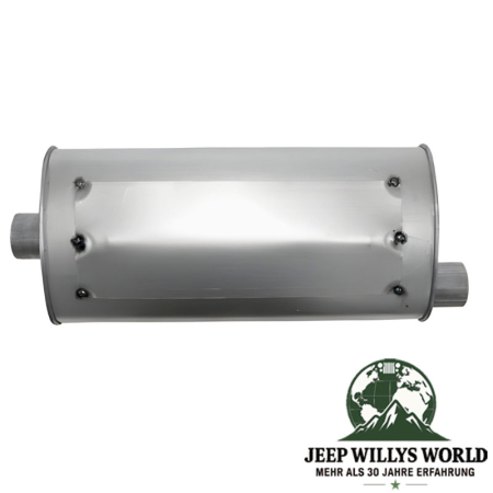 Aluminized steel Muffler with 2,25" Tube 2.5L 4.0L engine. Jeep Wrangler TJ (1996-23.01.2000), inlet with top visable, top side pictured with inlet on left hand side.