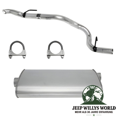 Endschalldämpfer und Endrohrbogen Kit (aluminisiert) inkl. Schellen. 2,25" (57,15 mm) für 2,5L 4 Zylinder oder 4,0L 6 Zylinder Motor. Jeep Cherokee XJ (1996-2000), voller Lieferumfang inkl. Schellen abgebildet.