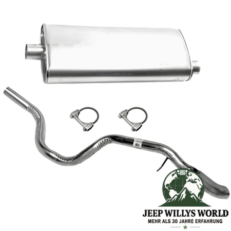 Endschalldämpfer und Endrohrbogen Kit (aluminisiert) mit 2,25" (57,15 mm) für 4,0L, 5,2L und 5,9L Benzin Motor. Jeep Grand Cherokee ZJ / ZG (1996-1998), voller Lieferumfang inkl. Schellen abgebildet.